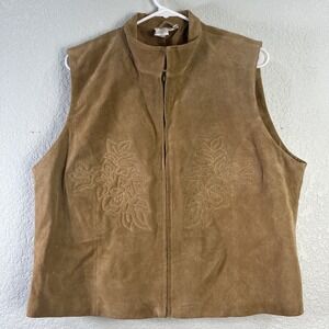 Vtg Coldwater Creek Women's Sz XL Brown Suede Leather Vest Embroidered Western